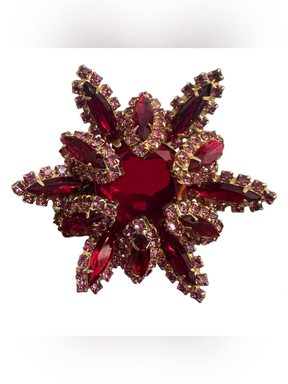 Vintage 1950s Unsigned High Tiered Ruby Red & Pink Rhinestone Starburst Brooch
